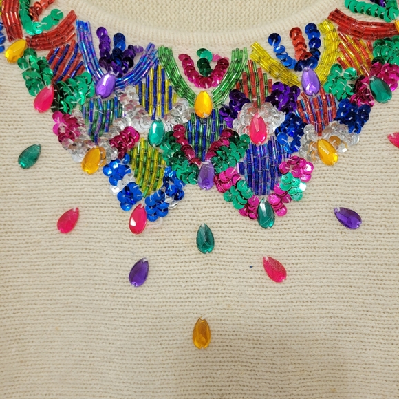 Diani Women's Vintage Bejeweled Beaded Cream Sweater Size L Silk Angora Wool 80s - Picture 5 of 10